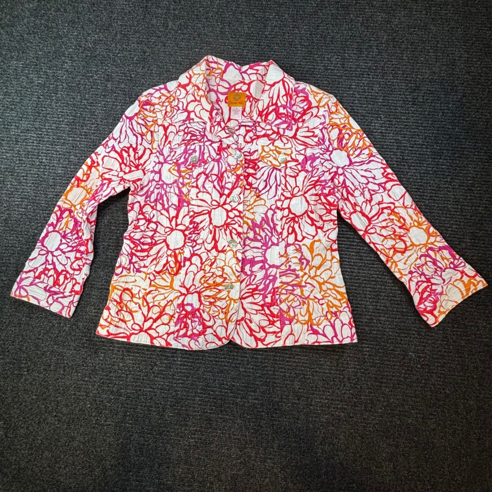 Ruby Rd Womens Pink Orange Floral Crinkle Button Up Jacket Size 8‎